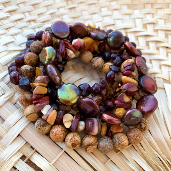 Natural Dark Red Garnet & Gold Jasper Mookaite Mix Gemstone Bead Bracelet Stack - Picture 7 of 11